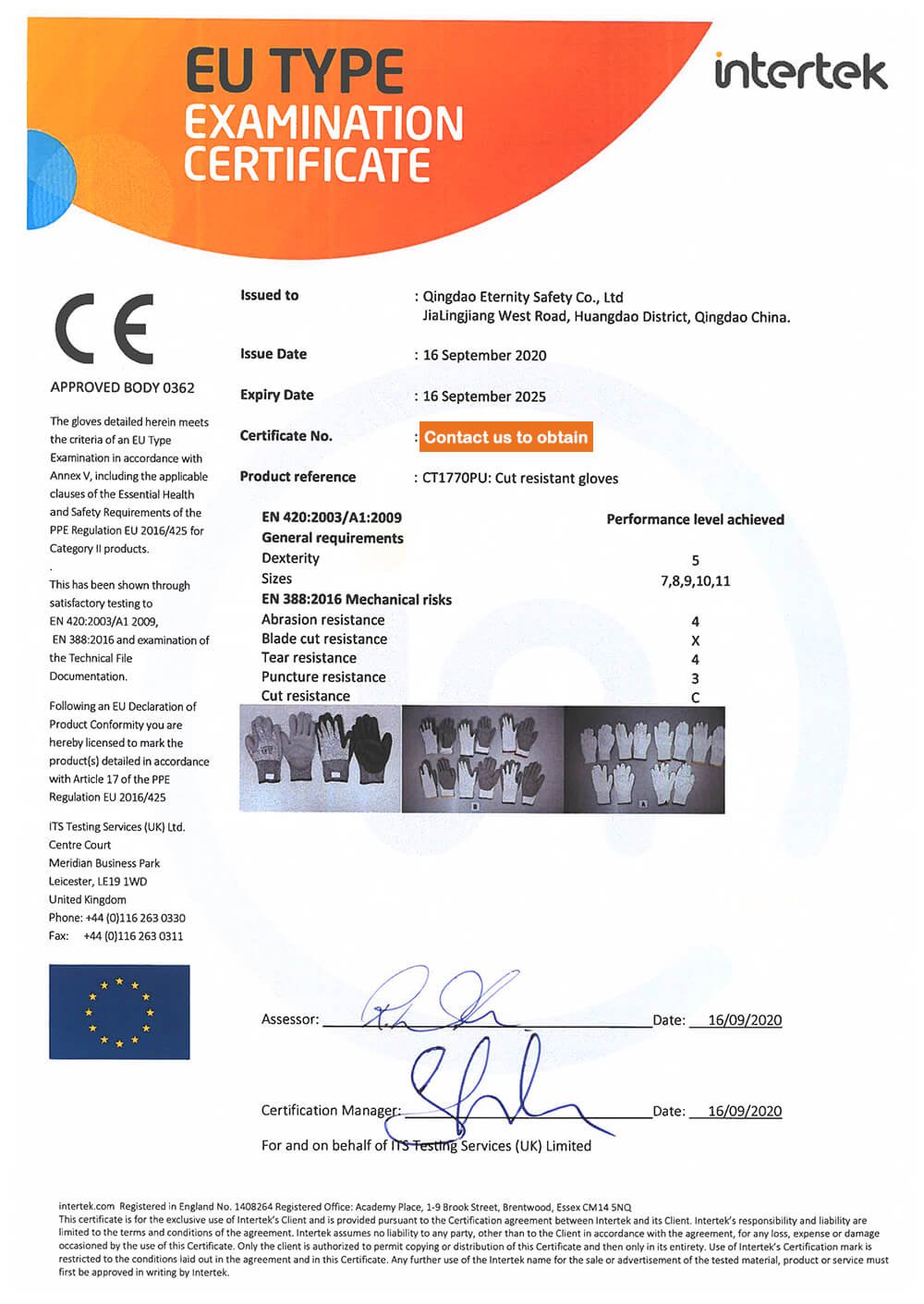 CE-Certificate-of-PU-cut-resistant-gloves ZXG SAFETY