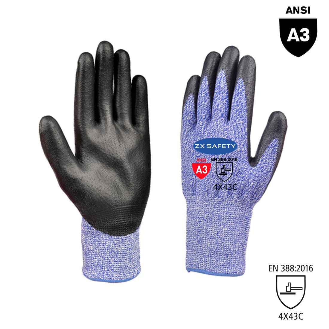 black pu coated blue hppe cut resistant gloves